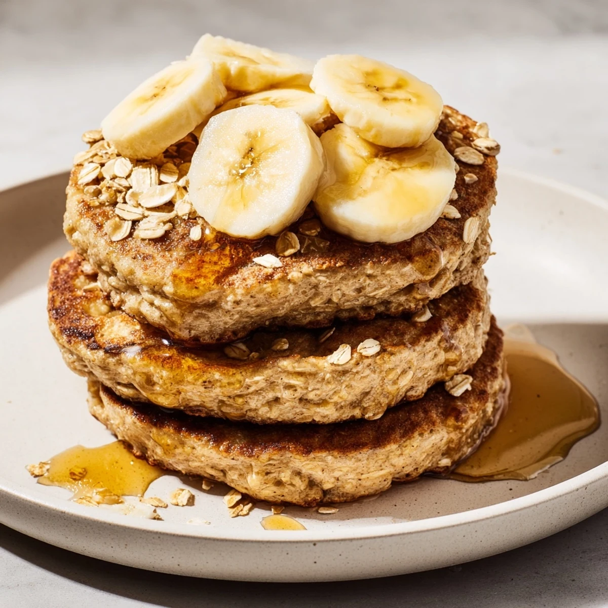 Golden-brown banana oat pancakes stacked high, ready to be drizzled with maple syrup for a delightful breakfast.