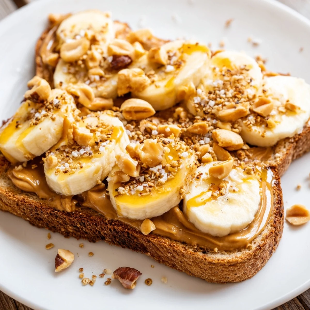 Glistening peanut butter and banana sandwich upgrade, toasted bread topped with crunchy peanuts and granola.
