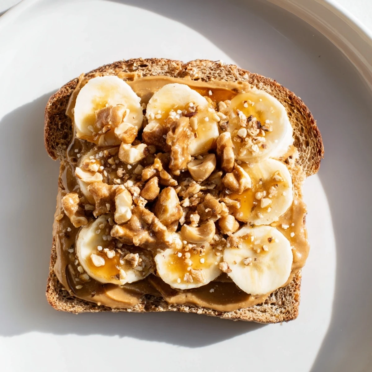 A layered peanut butter & banana sandwich upgrade, delicious with honey drizzle and fresh banana slices.