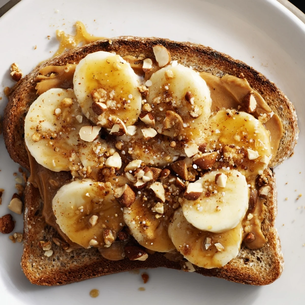 Golden, toasted peanut butter and banana sandwich upgrade, sprinkled with chia seeds, ready to eat.