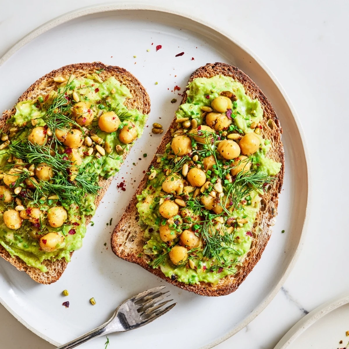 Crispy toasted bread topped with creamy avocado toast and sprinkled with fresh herbs.