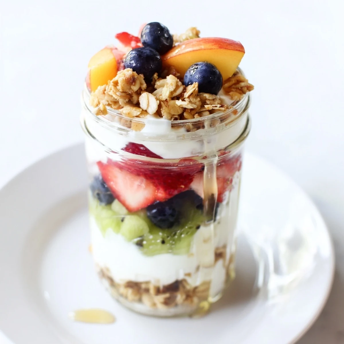 A layered Yogurt Parfait with colorful berries and crunchy granola, a delightful, fresh breakfast.