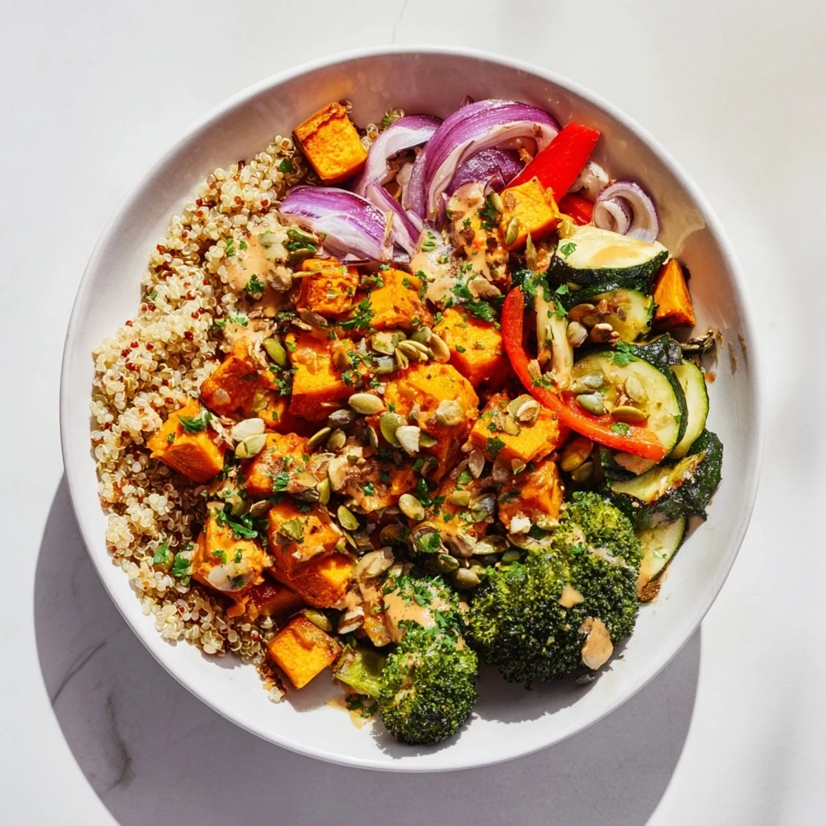 A flavorful quinoa bowl with roasted vegetables, a beautiful picture of a vegetarian lunch.