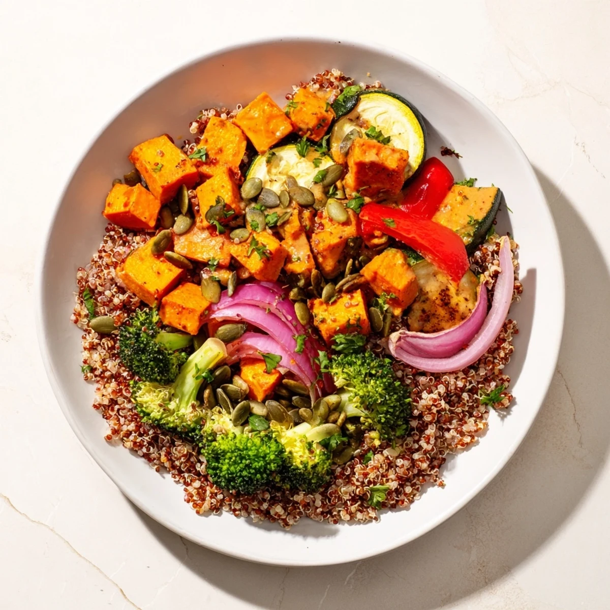 Hearty quinoa bowl filled with roasted seasonal veggies, a close-up focusing on textures and colors.