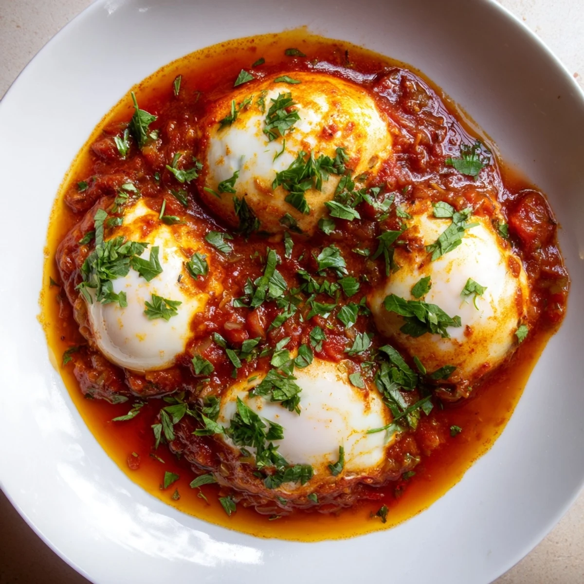 Savory baked eggs in tomato sauce, a vibrant meal, served with fresh herbs and crusty bread.