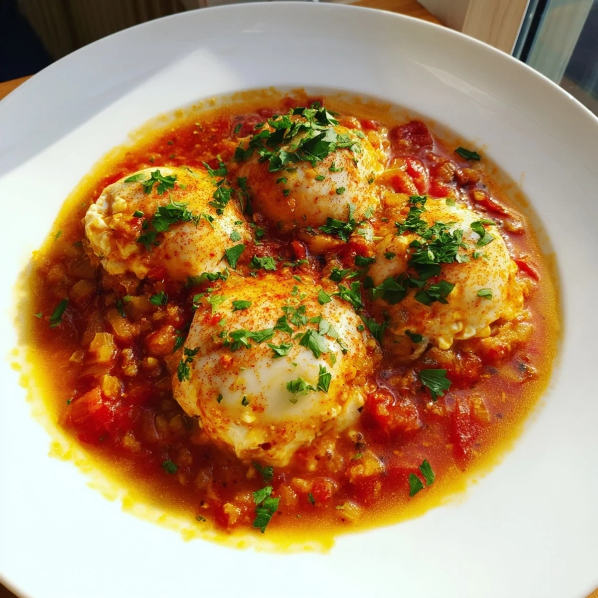 Hearty savory baked eggs in tomato sauce, with a rich tomato base, ready for dipping and enjoying.
