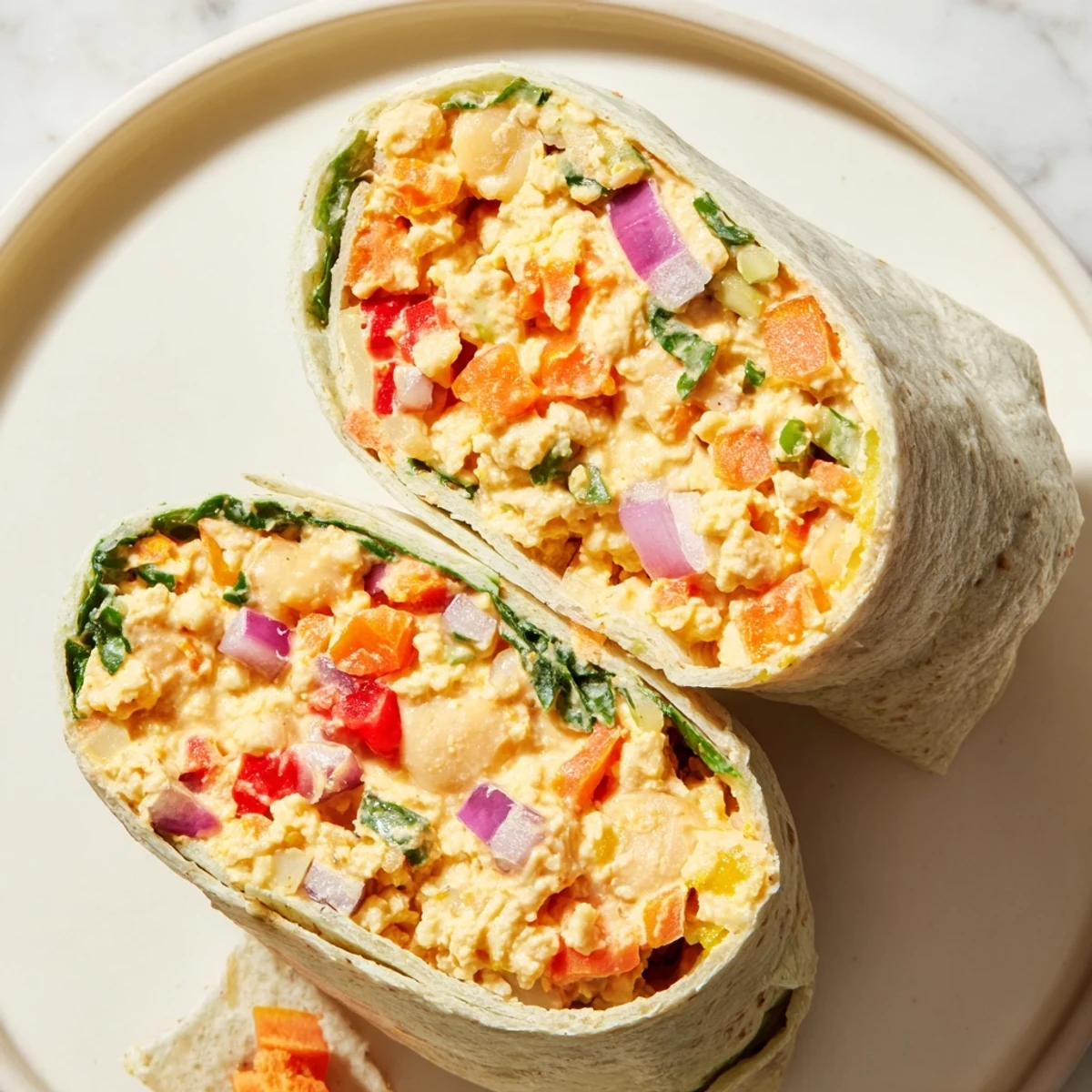 Get ready for a delicious bite: a close-up of a perfectly rolled chickpea salad wrap.