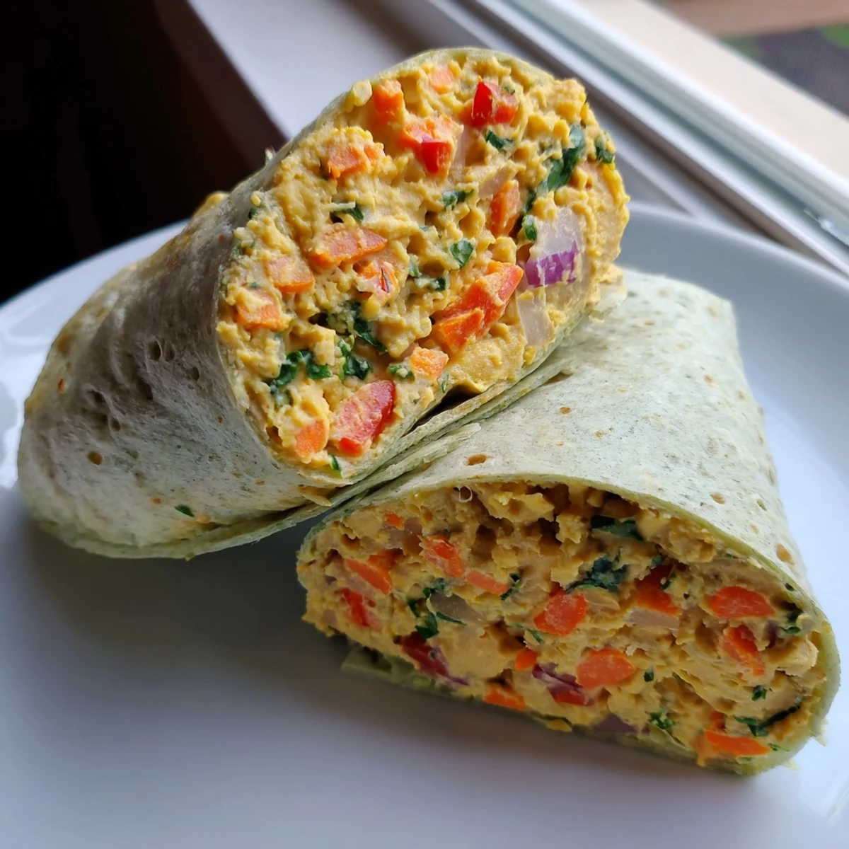 Creamy chickpea salad wraps bursting with colorful veggies, ready for a satisfying, healthy lunch.