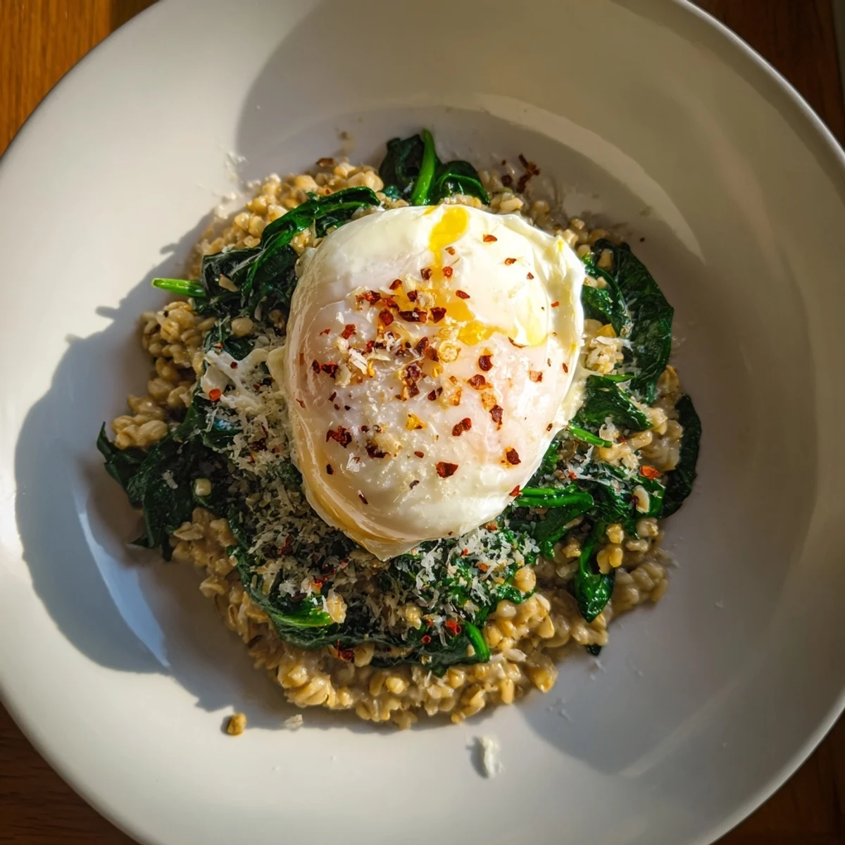 Creamy savory oatmeal with spinach and poached egg, a beautiful, comforting breakfast scene.