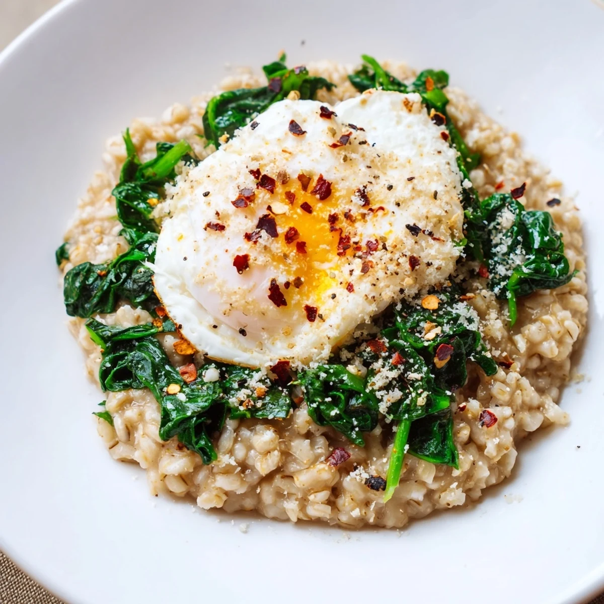 A close-up of savory oatmeal topped with spinach, a runny egg, ready to eat.