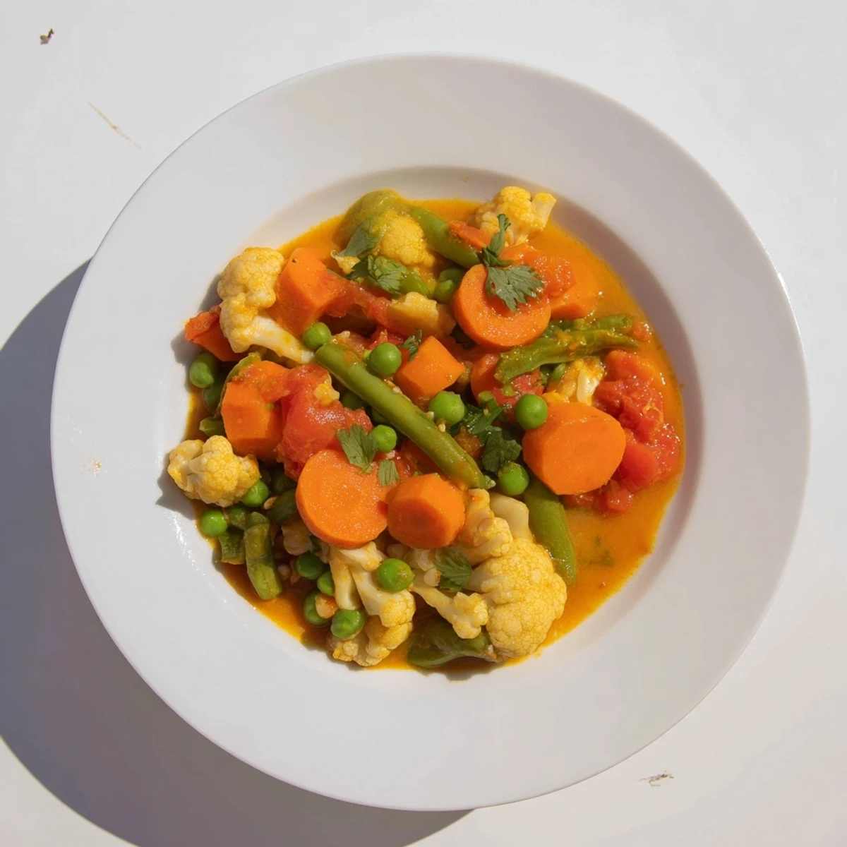 Bright and colorful Veggie Coconut Curry, garnished with cilantro, ready to be enjoyed with rice.