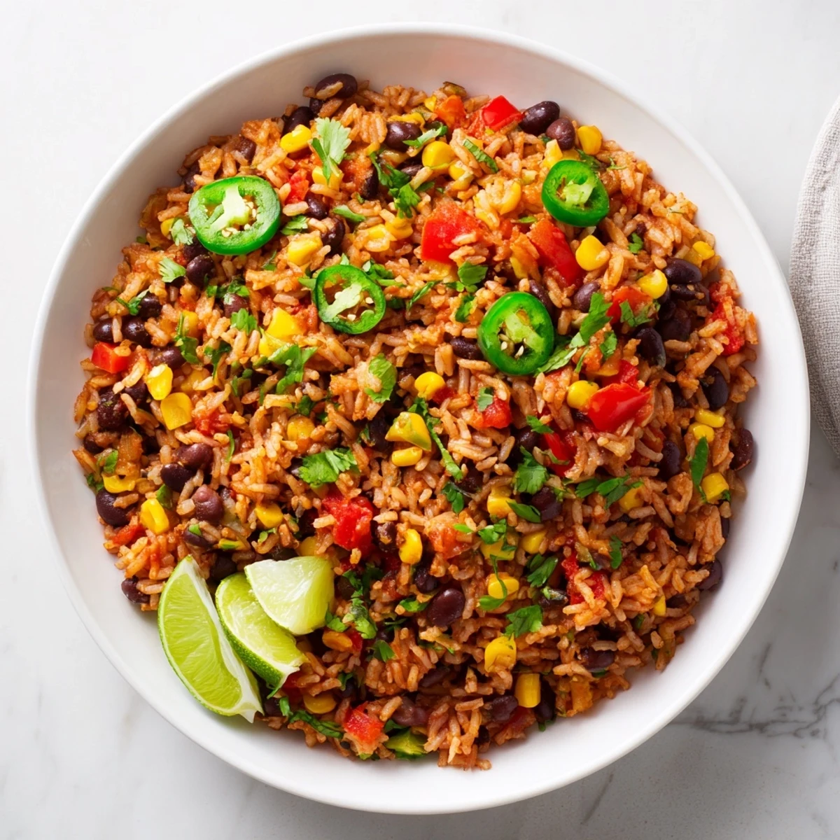A close-up of the perfectly cooked One-Pot Mexican Rice & Beans, ready to serve with spicy jalapeños.