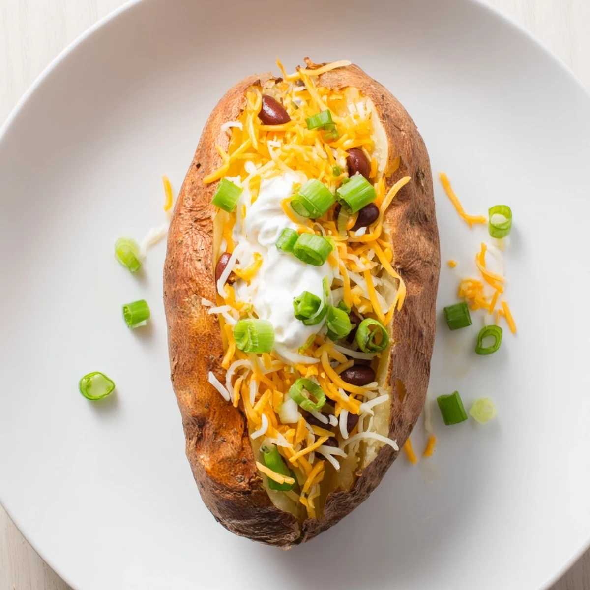 Steaming hot Baked Potato Bar: a delicious assortment of cheeses, beans, and fresh ingredients.