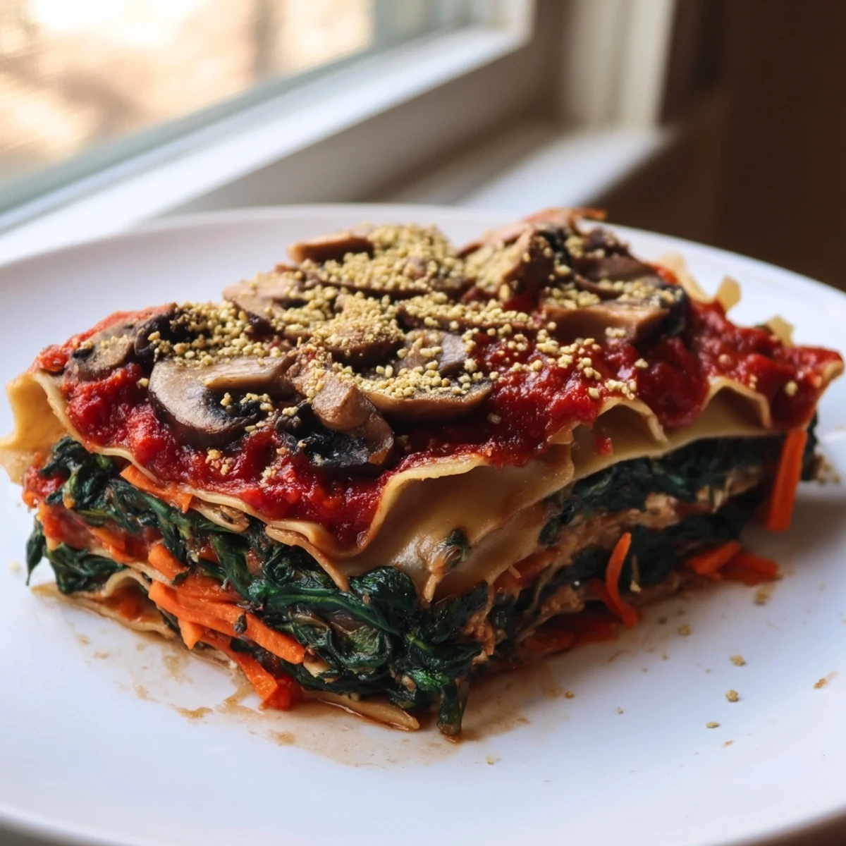 A close-up of a warm, bubbling vegan mushroom spinach lasagna with fresh basil garnish.