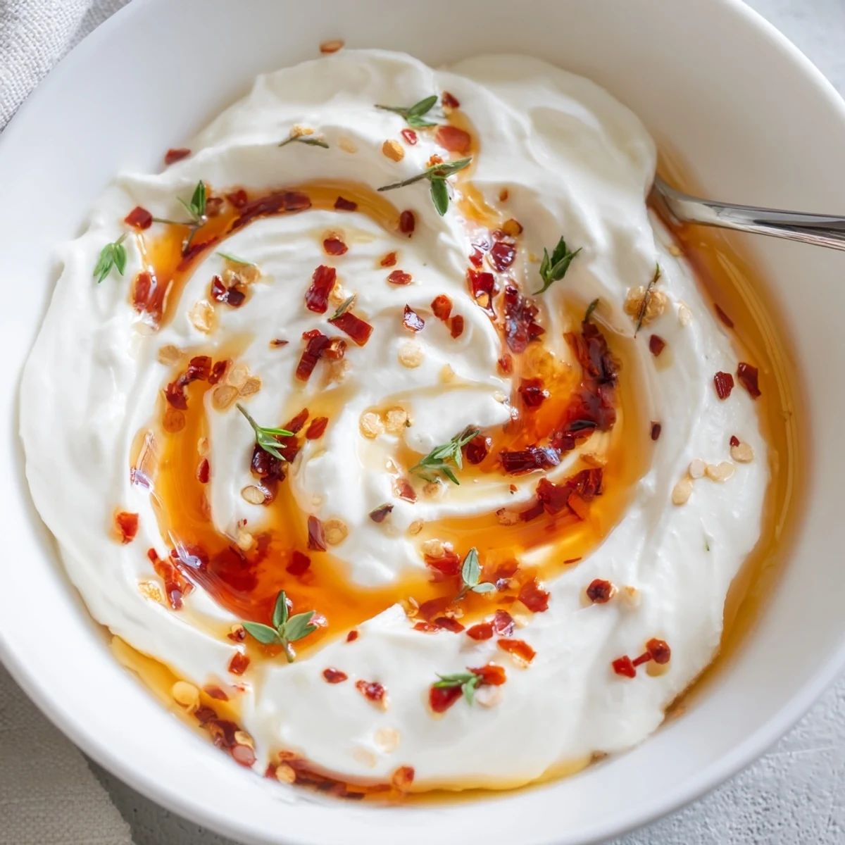 A close-up of a serving bowl featuring whipped ricotta dip and a hot honey swirl.