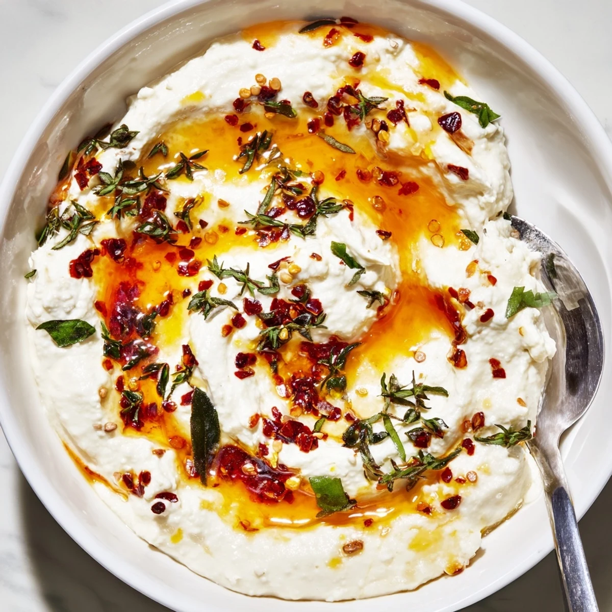 This delicious whipped ricotta dip is perfect; creamy, with a spicy hot honey drizzle.