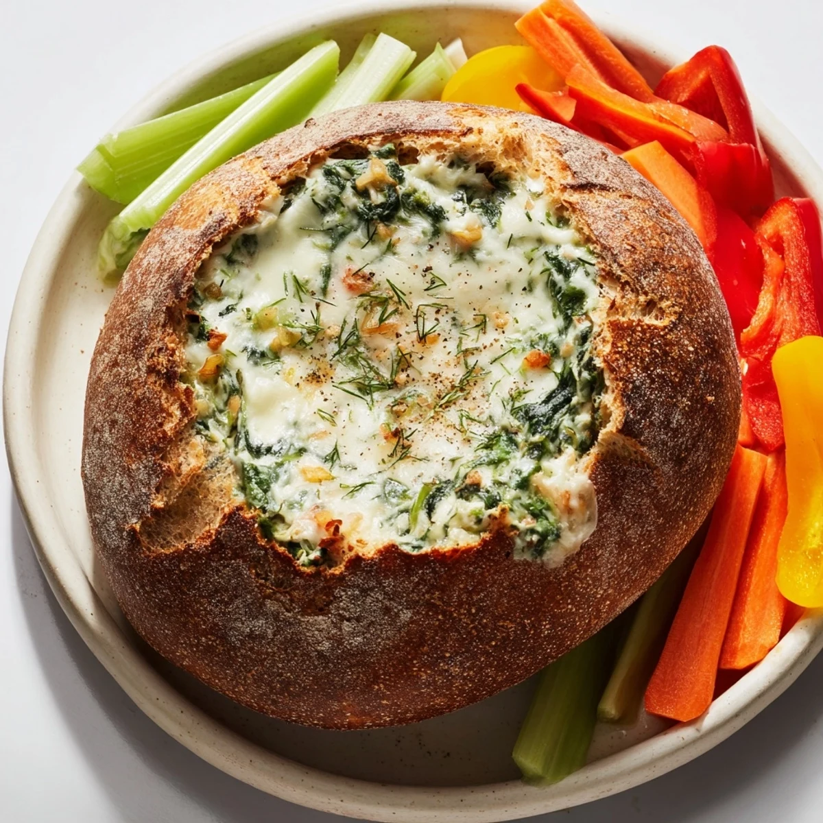 Delicious, baked Best-Ever Spinach Dip, surrounded by fresh veggies and bread for dipping.