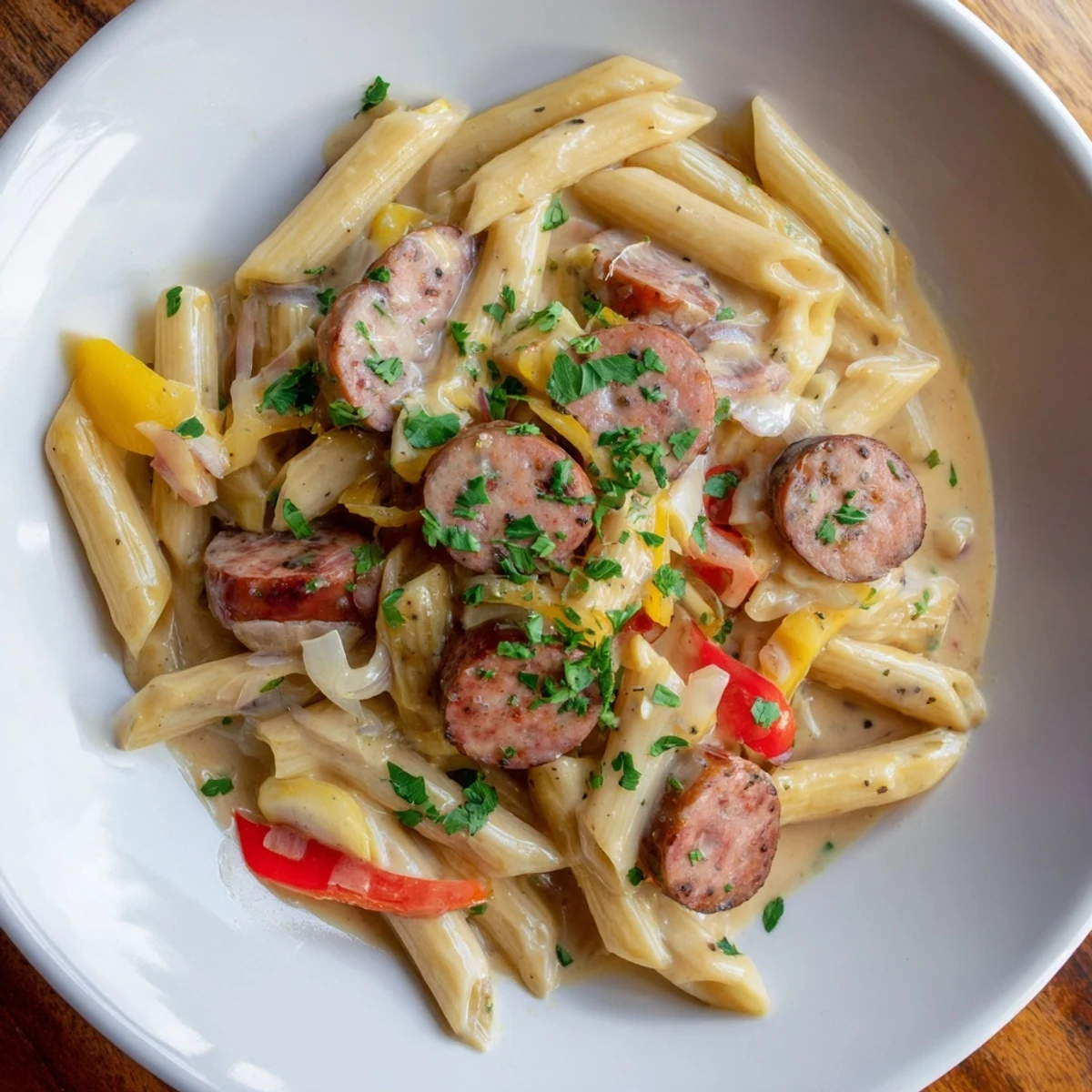 Cajun Spiced Smoked Sausage Alfredo: a rich, creamy pasta with visible pieces of sausage and colorful bell peppers.