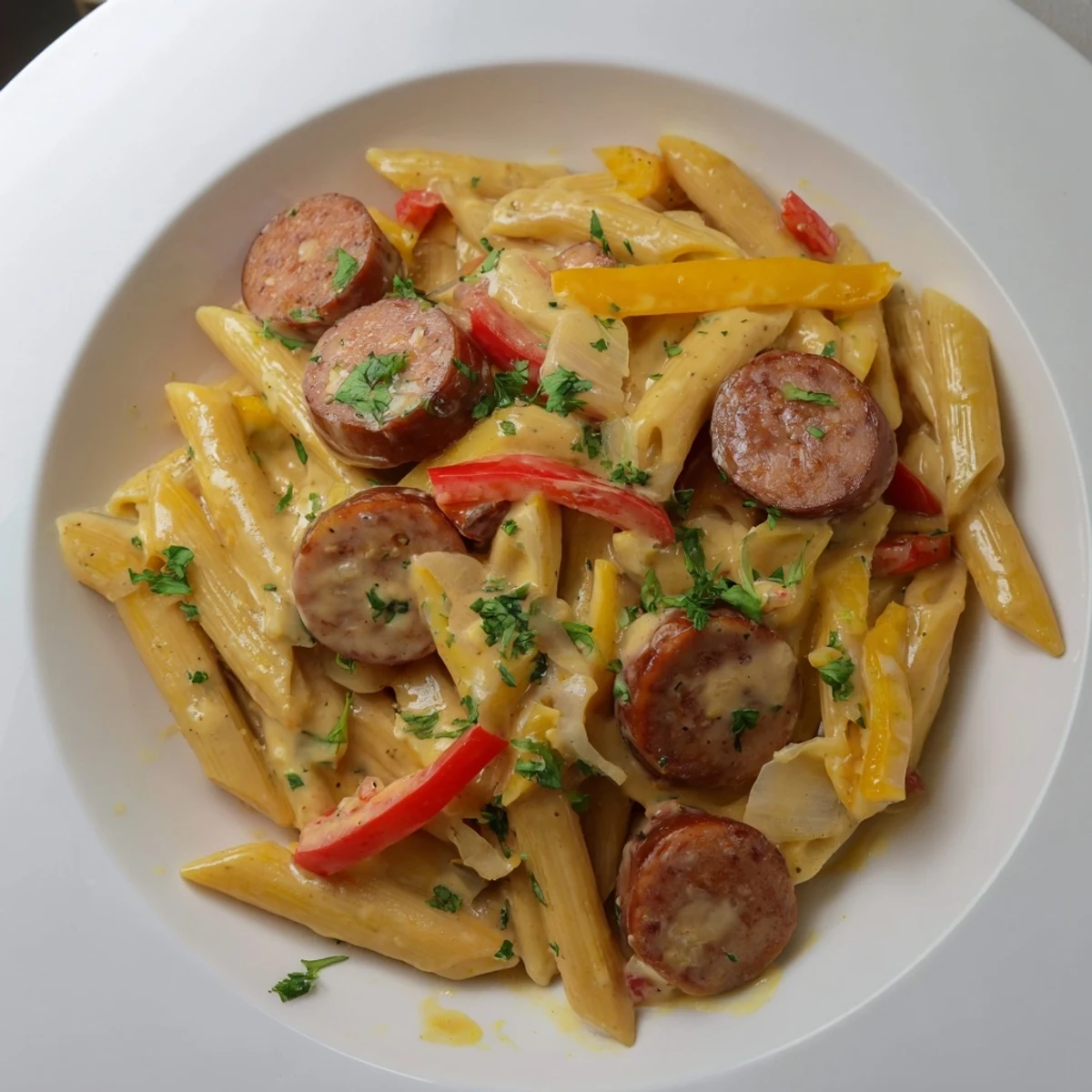 A close-up view of the Cajun Spiced Smoked Sausage Alfredo, garnished with fresh parsley and extra Parmesan.