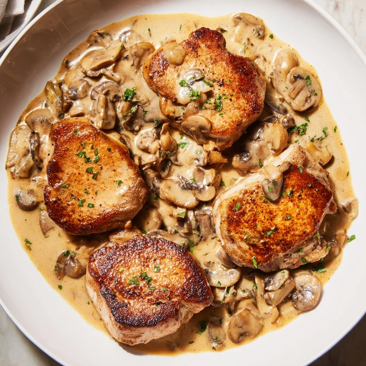 A close-up of tender Stove Top Pork Chops, coated in glossy mushroom sauce, with fresh parsley.