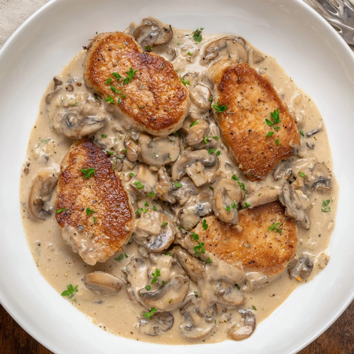 Golden-brown Stove Top Pork Chops, swimming in a creamy mushroom sauce, are ready to serve.