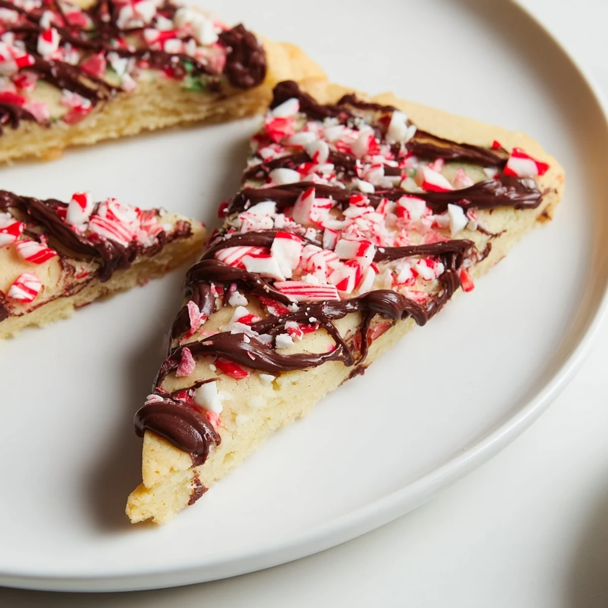 Warm, buttery chocolate peppermint shortbread wedges with a drizzle of glossy melted chocolate, perfect for sharing.