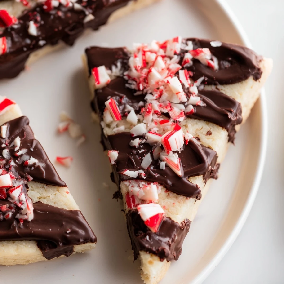 Close-up of freshly baked chocolate peppermint shortbread wedges with bright crushed peppermint candies sprinkled on top.