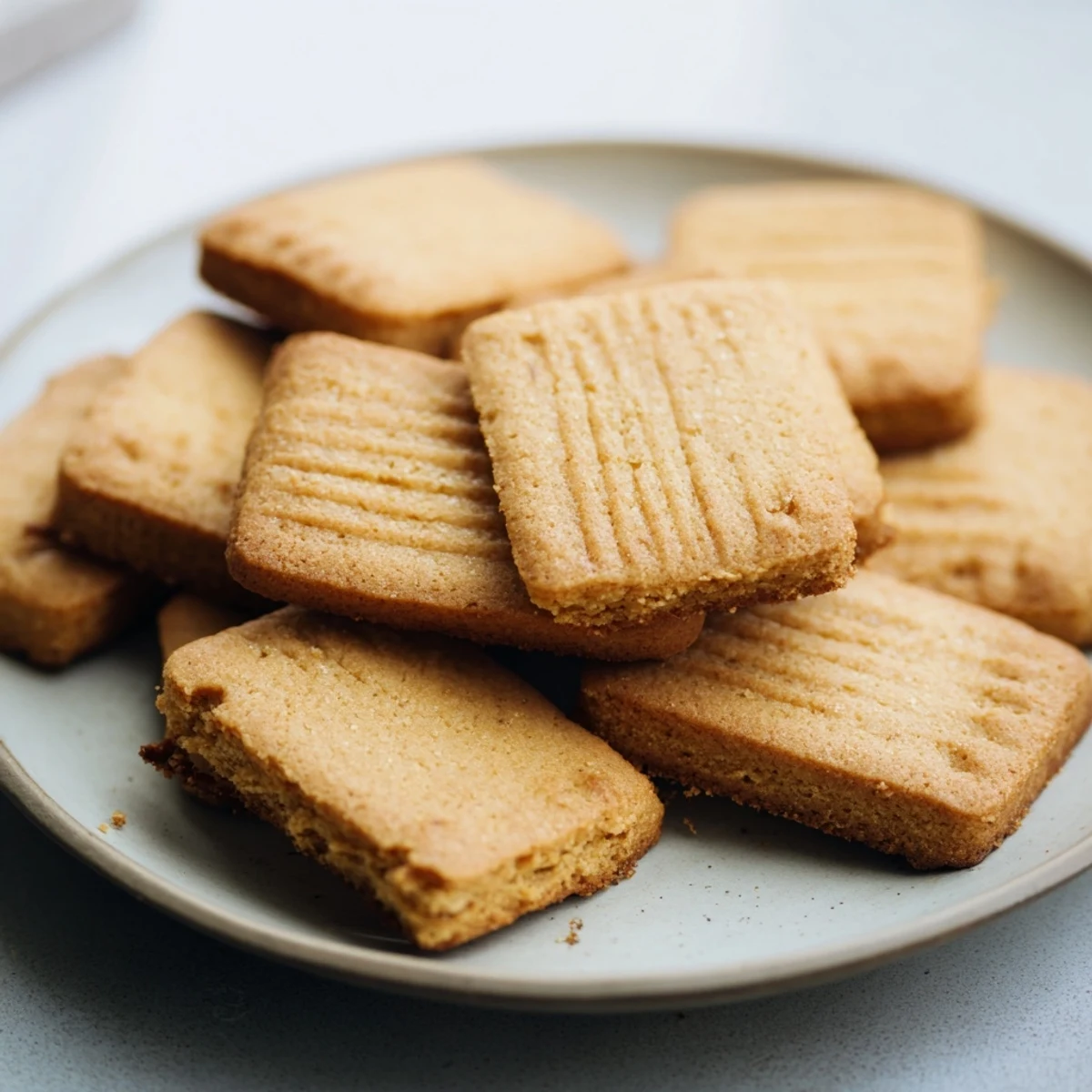 Freshly baked classic shortbread cookies, showcasing the fork pricks before being enjoyed with coffee.