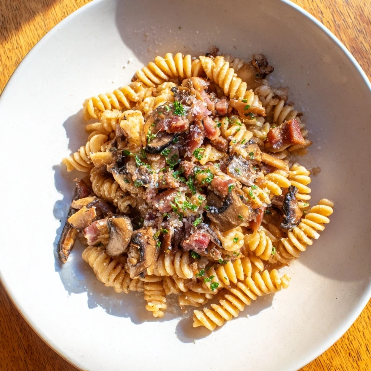 Fusilli with Bacon, Onions, and Mushrooms: A steaming bowl of pasta, showcasing crispy bacon and sautéed mushrooms.