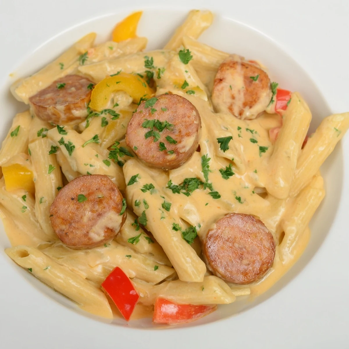 Delicious and easy Cajun Spiced Smoked Sausage Alfredo, showcasing the sausage and sauce.