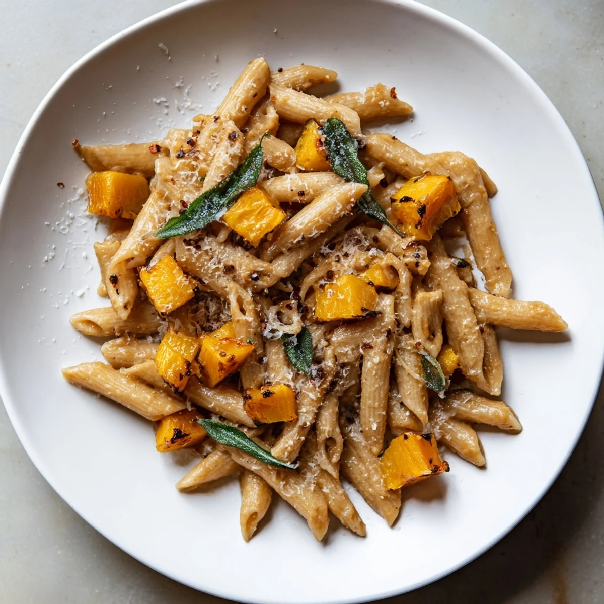Golden brown butter pasta with butternut squash featuring perfectly cooked squash and sage.