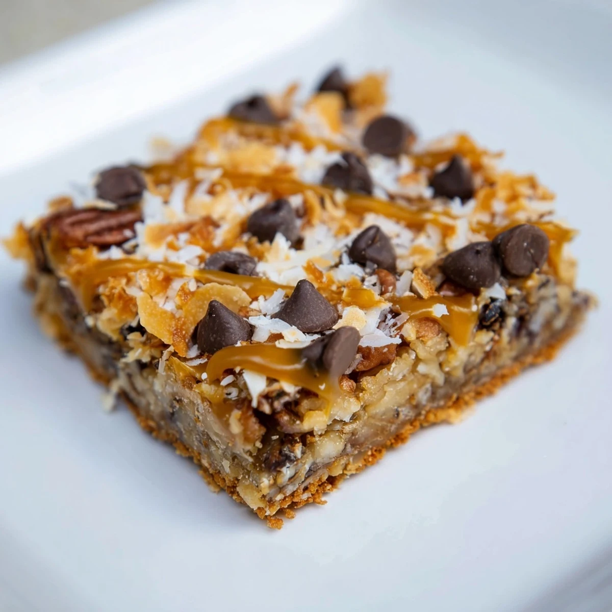 Golden, chewy 7-Layer Magic Bars drizzled with sea salt caramel; a sweet & salty dessert delight.