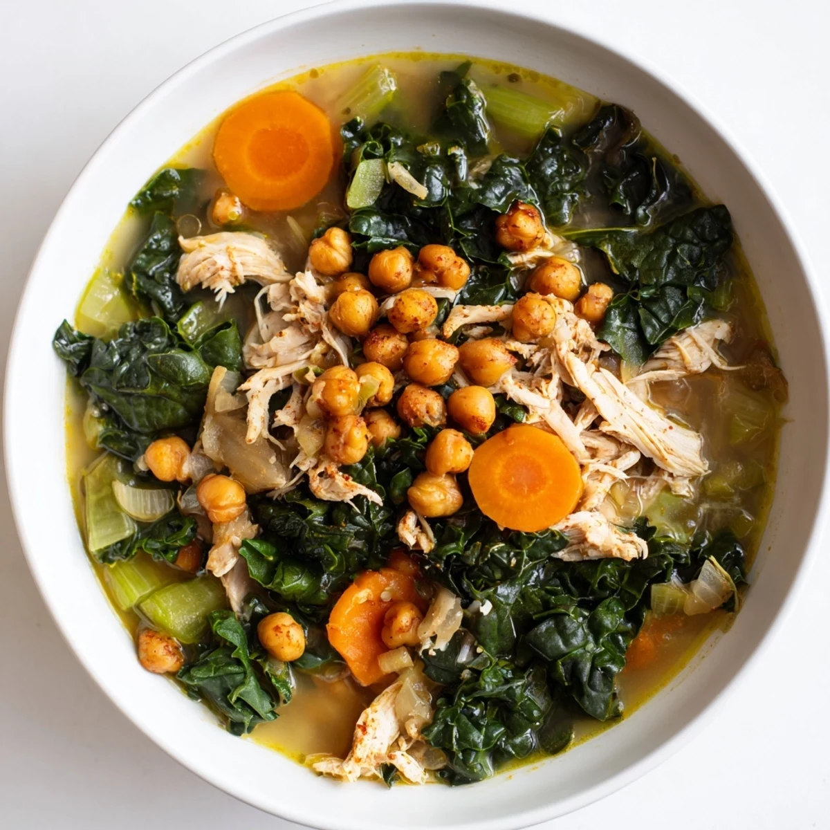 Close-up of crispy chickpeas topping a bowl of Chicken Kale Soup for a flavorful gluten-free meal.