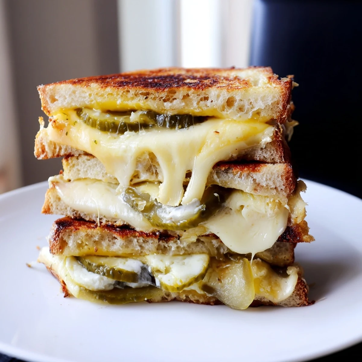 Gooey Pickle Grilled Cheese, a melty, cheesy sandwich featuring tangy pickles and golden, toasted bread.