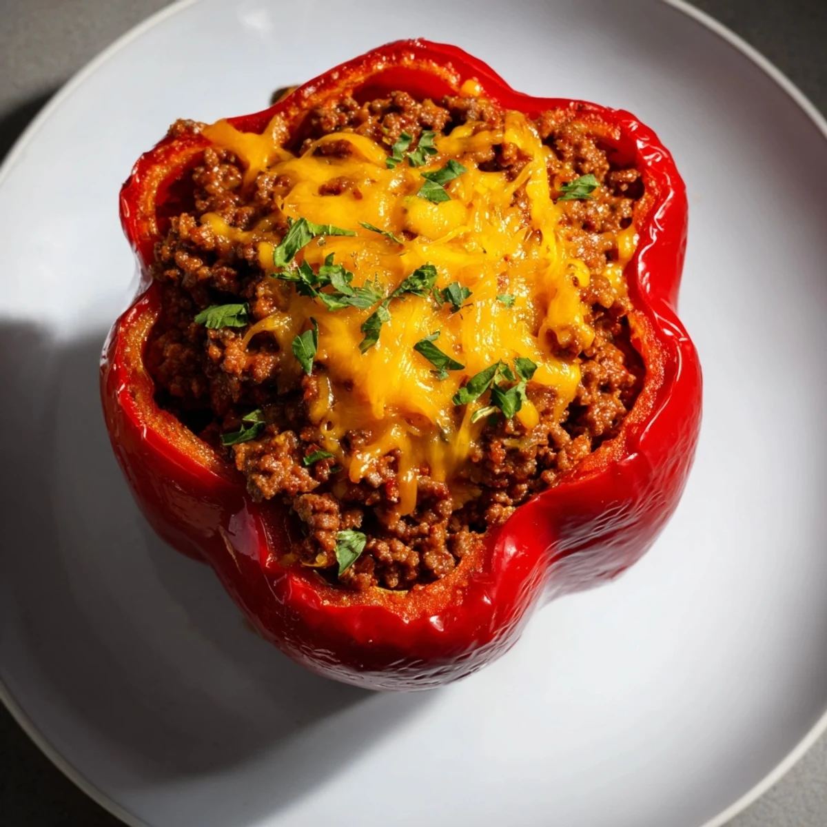 Savory Sloppy Joe Stuffed Bell Peppers are baked to perfection with melty cheddar cheese.