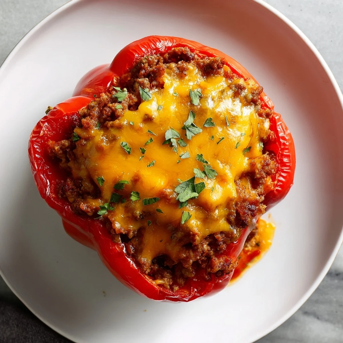 A close-up view of steaming, cheesy Sloppy Joe Stuffed Bell Peppers, a hearty family favorite.
