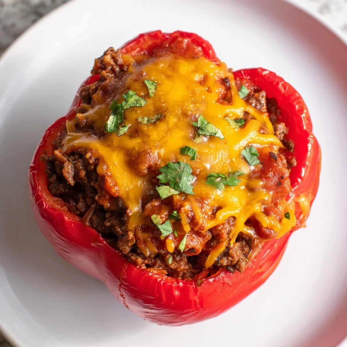 Brightly colored bell peppers overflow with delicious Sloppy Joe filling, ready to serve for dinner.