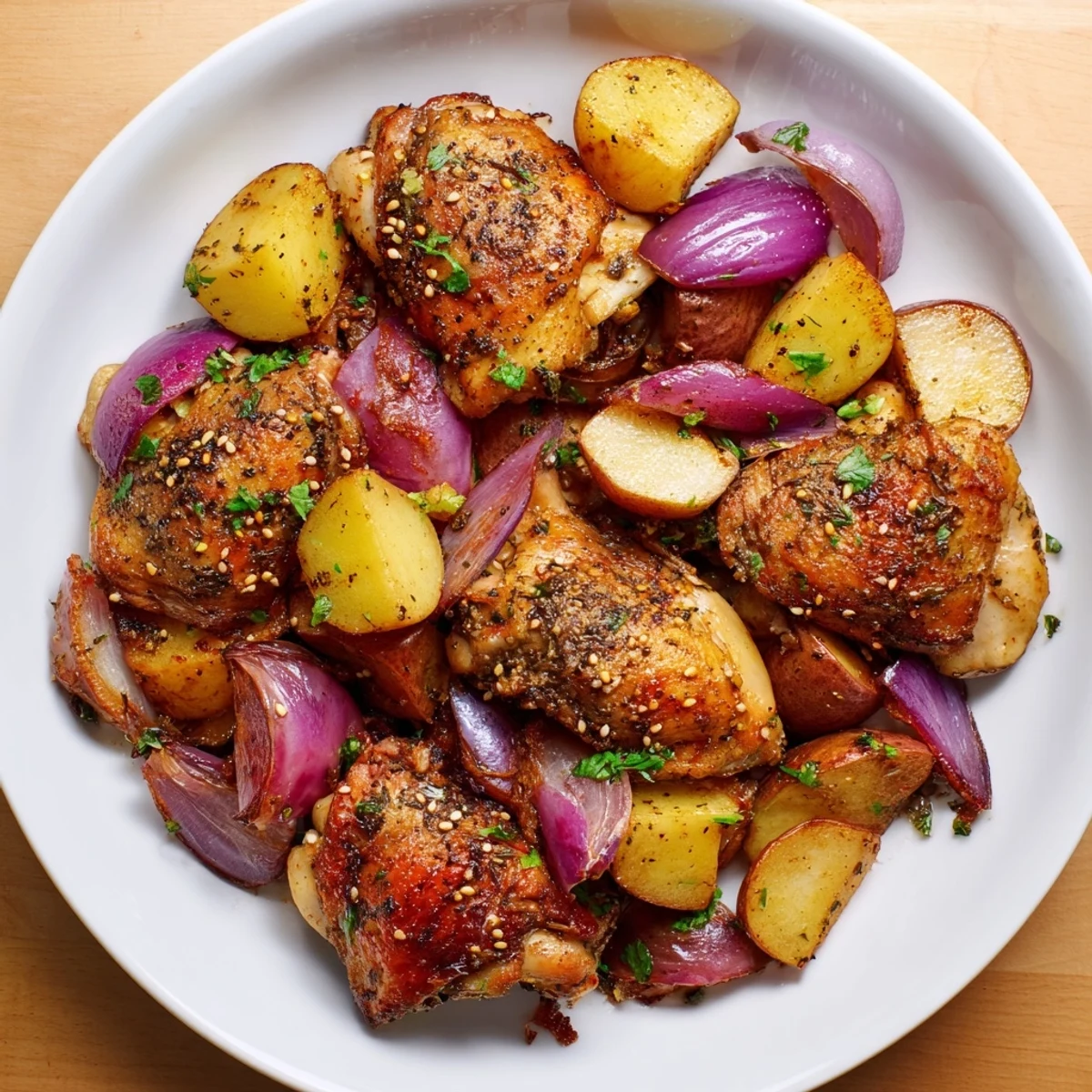 Golden, crispy Pan-Roasted Zaatar Chicken and Potatoes, perfectly roasted with tender potatoes and savory herbs.