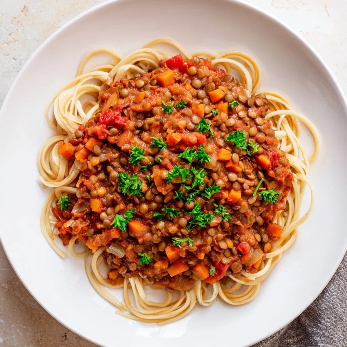 Steaming bowl of Hearty Lentil Bolognese, a hearty vegan classic served over spaghetti.