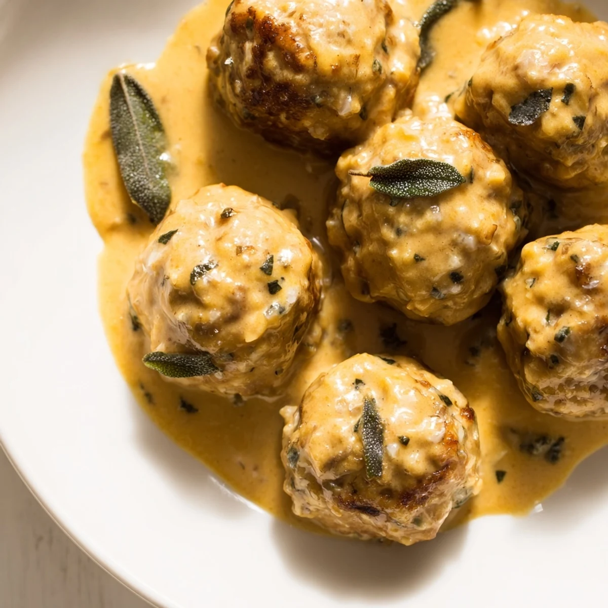A close-up of steaming Easy Turkey Meatballs in Pumpkin Sage Sauce, glistening with flavor in a skillet.