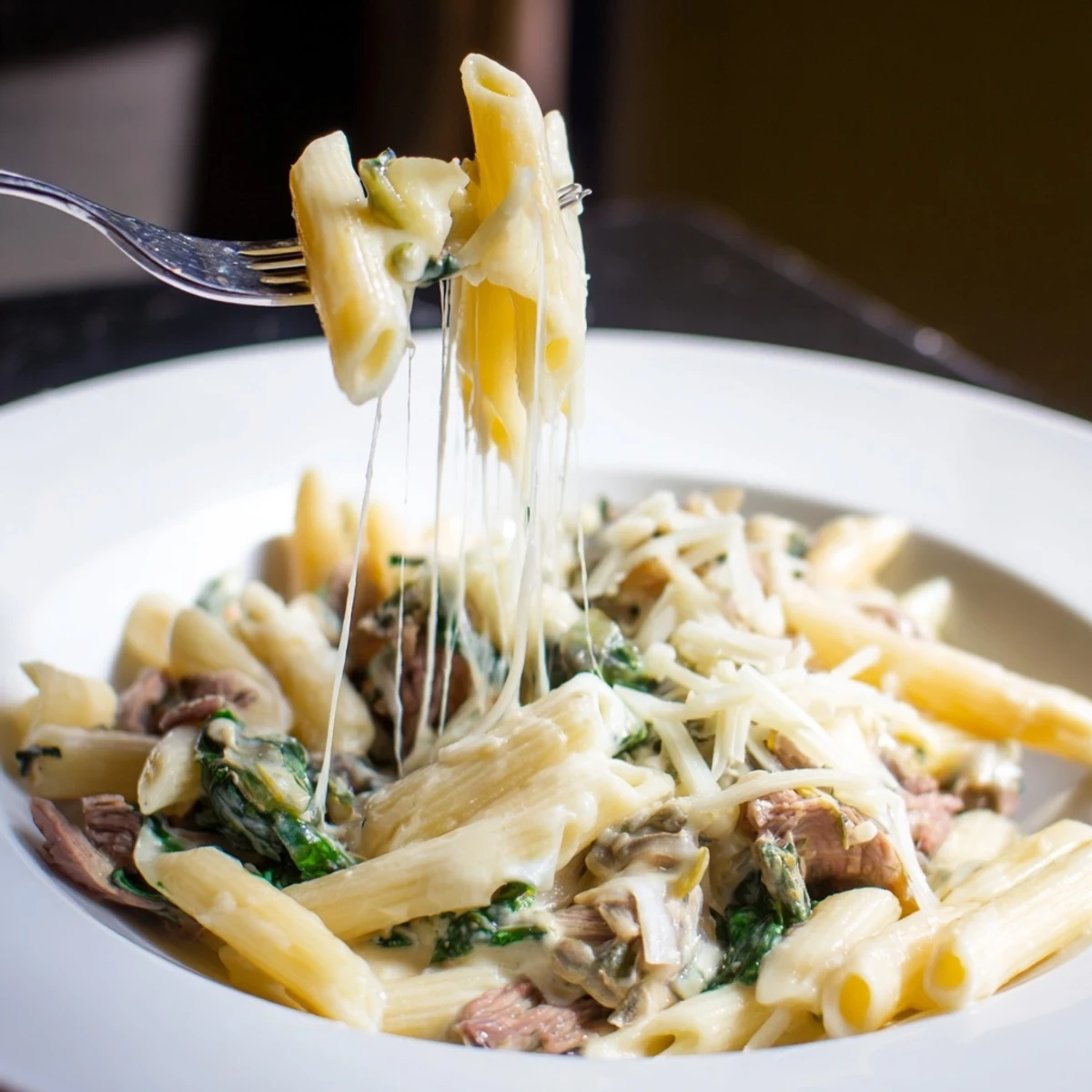 A close-up of the Steak & Spinach Artichoke Pasta Bake features bubbly mozzarella and a hearty mix of steak.