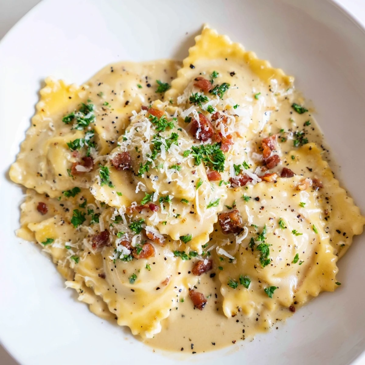 Creamy Olive Garden Ravioli Carbonara with crispy pancetta, topped with fresh parsley for a vibrant appeal.