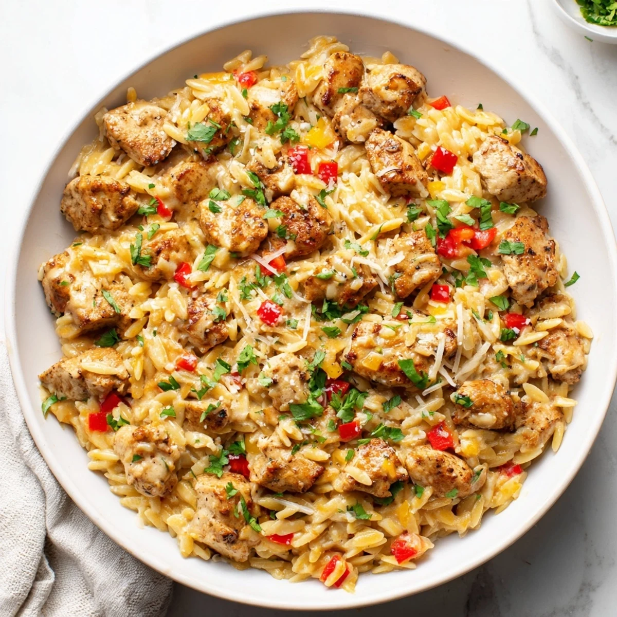 This comforting bowl of One-Pot Cajun Chicken Alfredo Orzo features succulent chicken and a rich Alfredo sauce.