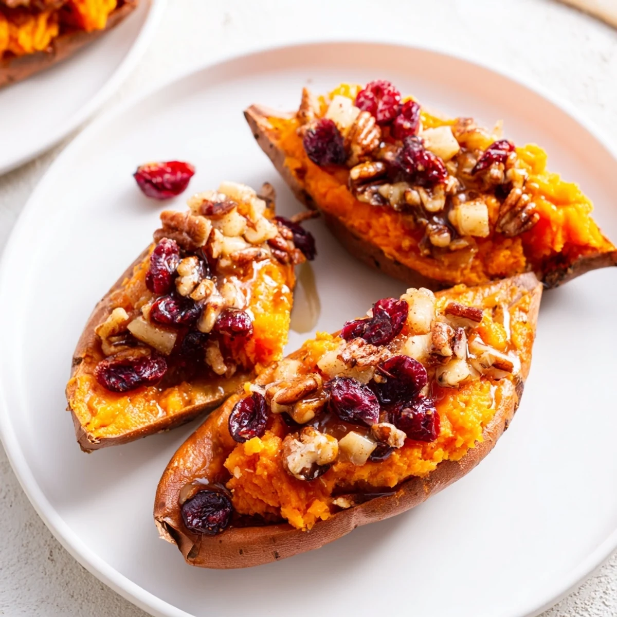 A close-up of vibrant Cranberry Apple Twice-Baked Sweet Potatoes, with a sweet and tart holiday presentation.