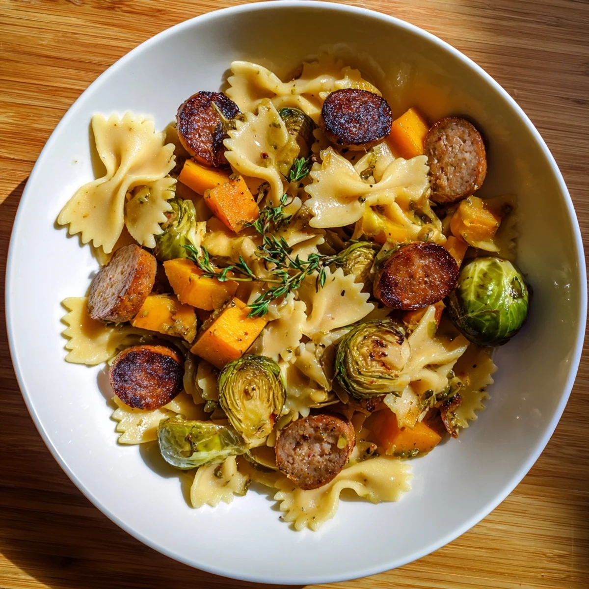 Golden roasted butternut squash and sausage mingle in this Autumn Sausage Pasta, a warming fall meal.