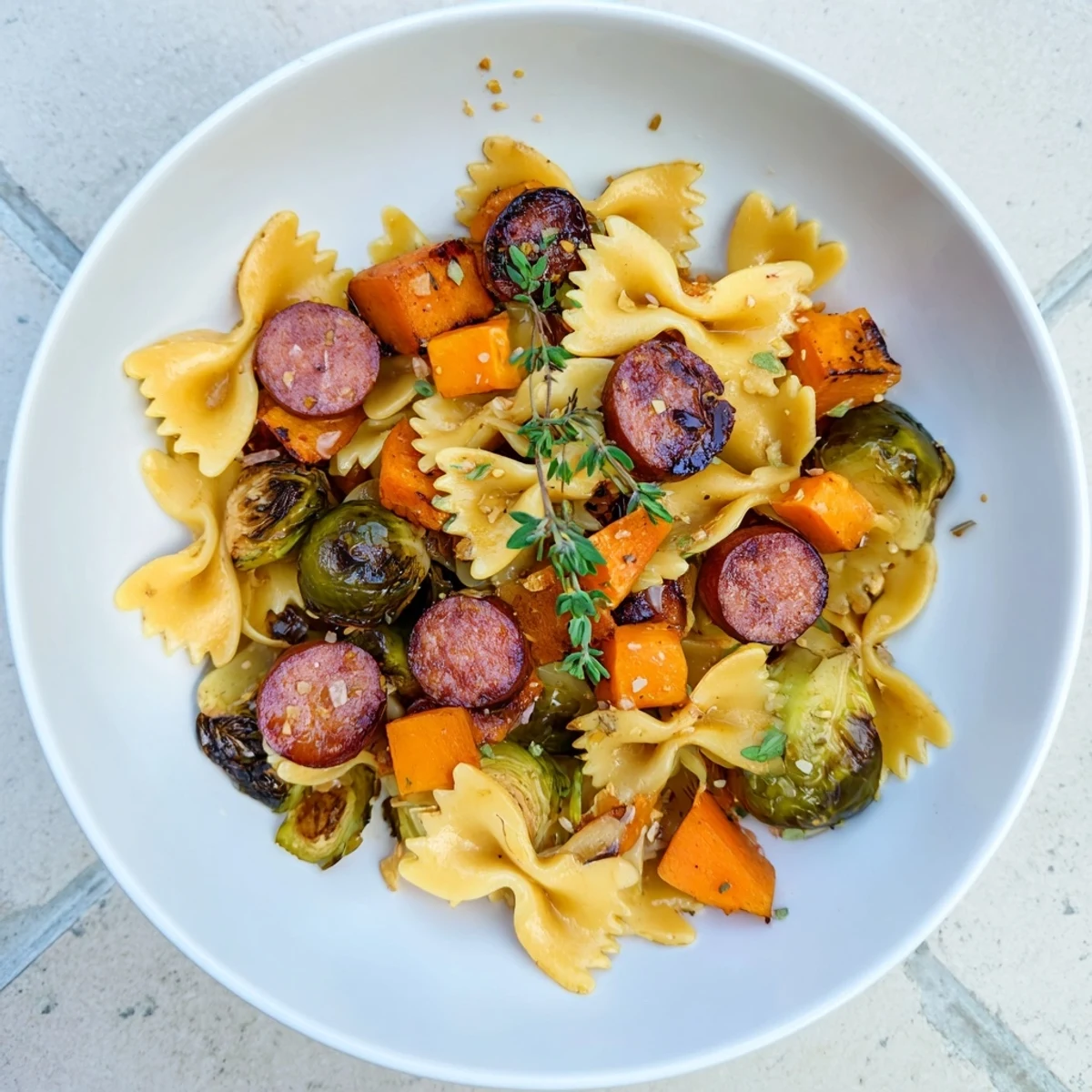 Imagine the aroma! This Autumn Sausage Pasta showcases perfectly cooked pasta, sausage, and vegetables in garlic butter.