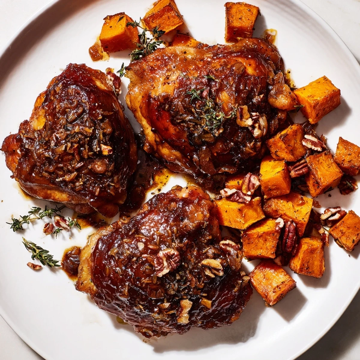 Golden, glazed maple chicken with sweet potatoes, a perfectly roasted, savory dinner awaiting you.