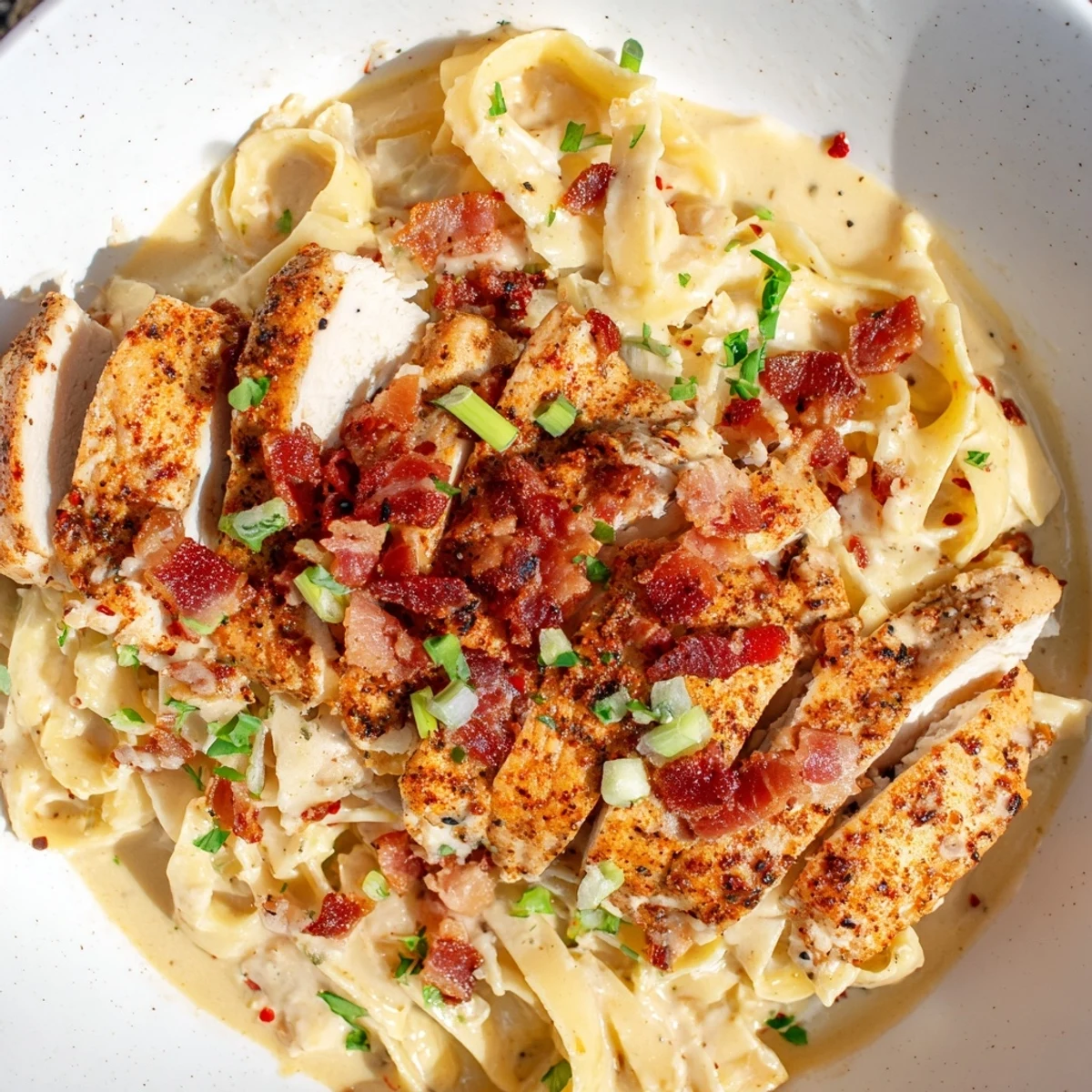 Creamy Parmesan Chicken Pasta showcasing tender chicken atop buttery pasta in a rich, velvety sauce.