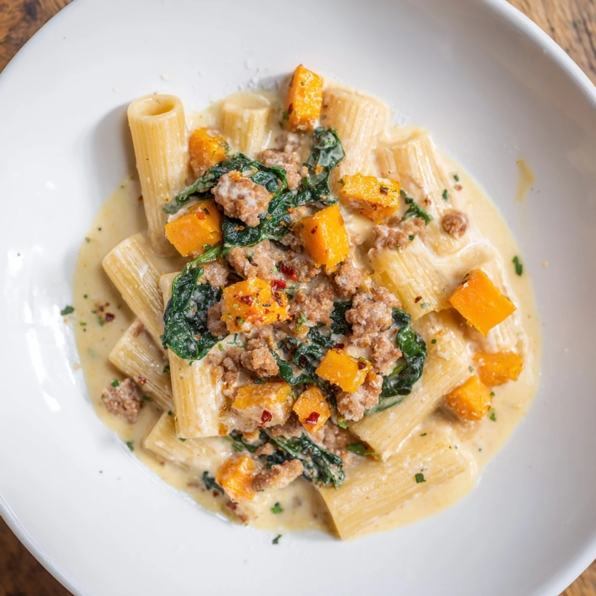 Creamy Rigatoni with Butternut Squash, a warm bowl of pasta with hints of spicy sausage and Parmesan.
