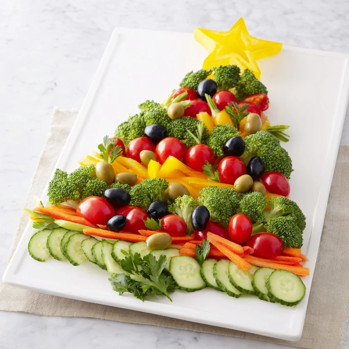 Festive Healthy Christmas Veggie Platter Tree, a vibrant appetizer ready for holiday celebrations.